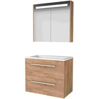 Basic Line Basic-Line Premium 46 Badkamermeubelset - 80 x 46 cm - Met Grepen - 2 Lades - Acryl Wastafel - 1 Kraangat - Spiegelkast met LED Verlichting - Whisky Oak Basic Line Basic-Line Premium 46 Badkamermeubelset - 80 x 46 cm - Met Grepen - 2 Lades - Acryl Wastafel - 1 Kraangat - Spiegelkast met LED Verlichting - Whisky Oak