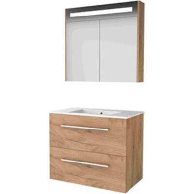 Basic Line Basic-Line Premium 46 Badkamermeubelset - 80 x 46 cm - Met Grepen - 2 Lades - Keramische Wastafel - 1 Kraangat - Spiegelkast met LED Verlichting - Whisky Oak Basic Line Basic-Line Premium 46 Badkamermeubelset - 80 x 46 cm - Met Grepen - 2 Lades - Keramische Wastafel - 1 Kraangat - Spiegelkast met LED Verlichting - Whisky Oak