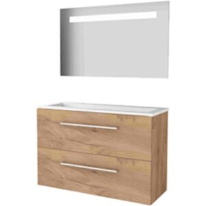 Basic Line Basic-Line Economic 39 Badkamermeubelset - Ondiep - 100 x 39 cm - Met Grepen - 2 Lades - Acryl Wastafel - 2 Kraangaten - Spiegel met LED Verlichting - Whisky Oak Basic Line Basic-Line Economic 39 Badkamermeubelset - Ondiep - 100 x 39 cm - Met Grepen - 2 Lades - Acryl Wastafel - 2 Kraangaten - Spiegel met LED Verlichting - Whisky Oak