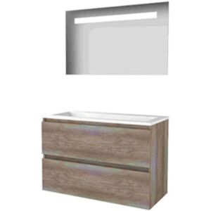 Basic Line Basic-Line Economic 46 Badkamermeubelset - 100 x 46 cm - Greeploos - 2 Lades - Acryl Wastafel - 2 Kraangaten - Spiegel met LED Verlichting - Scotch Oak Basic Line Basic-Line Economic 46 Badkamermeubelset - 100 x 46 cm - Greeploos - 2 Lades - Acryl Wastafel - 2 Kraangaten - Spiegel met LED Verlichting - Scotch Oak