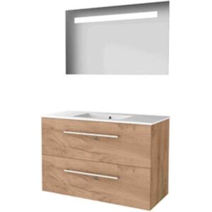 Basic Line Basic-Line Economic 46 Badkamermeubelset - 100 x 46 cm - Met Grepen - 2 Lades - Keramische Wastafel - 1 Kraangat - Spiegel met LED Verlichting - Whisky Oak Basic Line Basic-Line Economic 46 Badkamermeubelset - 100 x 46 cm - Met Grepen - 2 Lades - Keramische Wastafel - 1 Kraangat - Spiegel met LED Verlichting - Whisky Oak