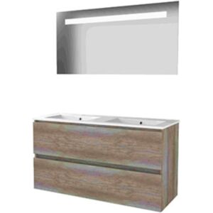 Basic Line Basic-Line Economic 46 Badkamermeubelset - 120 x 46 cm - Greeploos - 2 Lades - Keramische Wastafel - 2 Kraangaten - Spiegel met LED Verlichting - Scotch Oak Basic Line Basic-Line Economic 46 Badkamermeubelset - 120 x 46 cm - Greeploos - 2 Lades - Keramische Wastafel - 2 Kraangaten - Spiegel met LED Verlichting - Scotch Oak