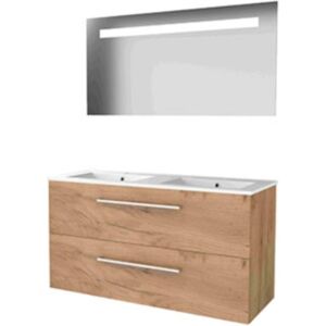 Basic Line Basic-Line Economic 46 Badkamermeubelset - 120 x 46 cm - Met Grepen - 2 Lades - Keramische Wastafel - 2 Kraangaten - Spiegel met LED Verlichting - Whisky Oak Basic Line Basic-Line Economic 46 Badkamermeubelset - 120 x 46 cm - Met Grepen - 2 Lades - Keramische Wastafel - 2 Kraangaten - Spiegel met LED Verlichting - Whisky Oak