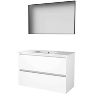 Basic Line Basic-Line Framed 46 Badkamermeubelset - 100 x 46 cm - Greeploos - 2 Lades - Keramische Wastafel - 1 Kraangat - Spiegel met Zwart Aluminium Frame - Ice White Basic Line Basic-Line Framed 46 Badkamermeubelset - 100 x 46 cm - Greeploos - 2 Lades - Keramische Wastafel - 1 Kraangat - Spiegel met Zwart Aluminium Frame - Ice White