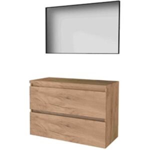 Basic Line Basic-Line Framed 46 Badkamermeubelset - 100 x 46 cm - Greeploos - 2 Lades - Wastafelblad - Spiegel met Zwart Aluminium Frame - Whisky Oak Basic Line Basic-Line Framed 46 Badkamermeubelset - 100 x 46 cm - Greeploos - 2 Lades - Wastafelblad - Spiegel met Zwart Aluminium Frame - Whisky Oak