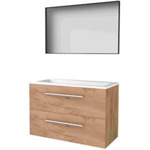 Basic Line Basic-Line Framed 46 Badkamermeubelset - 100 x 46 cm - Met Grepen - 2 Lades - Acryl Wastafel - 1 Kraangat - Spiegel met Zwart Aluminium Frame - Whisky Oak Basic Line Basic-Line Framed 46 Badkamermeubelset - 100 x 46 cm - Met Grepen - 2 Lades - Acryl Wastafel - 1 Kraangat - Spiegel met Zwart Aluminium Frame - Whisky Oak