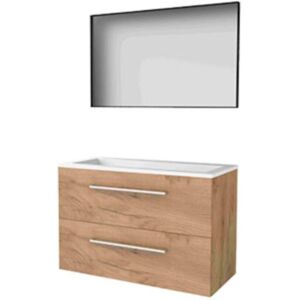 Basic Line Basic-Line Framed 46 Badkamermeubelset - 100 x 46 cm - Met Grepen - 2 Lades - Acryl Wastafel - Zonder Kraangat - Spiegel met Zwart Aluminium Frame - Whisky Oak Basic Line Basic-Line Framed 46 Badkamermeubelset - 100 x 46 cm - Met Grepen - 2 Lades - Acryl Wastafel - Zonder Kraangat - Spiegel met Zwart Aluminium Frame - Whisky Oak