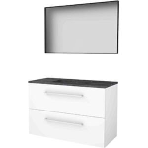 Basic Line Basic-Line Framed 46 Badkamermeubelset - 100 x 46 cm - Met Grepen - 2 Lades - Hardstenen Wastafel - Zonder Kraangat - Spiegel met Zwart Aluminium Frame - Ice White Basic Line Basic-Line Framed 46 Badkamermeubelset - 100 x 46 cm - Met Grepen - 2 Lades - Hardstenen Wastafel - Zonder Kraangat - Spiegel met Zwart Aluminium Frame - Ice White