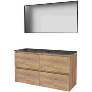 Basic Line Basic-Line Framed 46 Badkamermeubelset - 120 x 46 cm - Greeploos - 2 Lades - Hardstenen Wastafel - 2 Kraangaten - Spiegel met Zwart Aluminium Frame - Whisky Oak Basic Line Basic-Line Framed 46 Badkamermeubelset - 120 x 46 cm - Greeploos - 2 Lades - Hardstenen Wastafel - 2 Kraangaten - Spiegel met Zwart Aluminium Frame - Whisky Oak