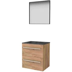 Basic Line Basic-Line Framed 46 Badkamermeubelset - 60 x 46 cm - Met Grepen - 2 Lades - Hardstenen Wastafel - 1 Kraangat - Spiegel met Zwart Aluminium Frame - Whisky Oak Basic Line Basic-Line Framed 46 Badkamermeubelset - 60 x 46 cm - Met Grepen - 2 Lades - Hardstenen Wastafel - 1 Kraangat - Spiegel met Zwart Aluminium Frame - Whisky Oak