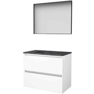 Basic Line Basic-Line Framed 46 Badkamermeubelset - 80 x 46 cm - Greeploos - 2 Lades - Hardstenen Wastafel - 1 Kraangat - Spiegel met Zwart Aluminium Frame - Ice White Basic Line Basic-Line Framed 46 Badkamermeubelset - 80 x 46 cm - Greeploos - 2 Lades - Hardstenen Wastafel - 1 Kraangat - Spiegel met Zwart Aluminium Frame - Ice White
