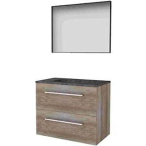 Basic Line Basic-Line Framed 46 Badkamermeubelset - 80 x 46 cm - Met Grepen - 2 Lades - Hardstenen Wastafel - Zonder Kraangat - Spiegel met Zwart Aluminium Frame - Scotch Oak Basic Line Basic-Line Framed 46 Badkamermeubelset - 80 x 46 cm - Met Grepen - 2 Lades - Hardstenen Wastafel - Zonder Kraangat - Spiegel met Zwart Aluminium Frame - Scotch Oak