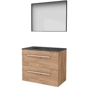 Basic Line Basic-Line Framed 46 Badkamermeubelset - 80 x 46 cm - Met Grepen - 2 Lades - Hardstenen Wastafel - Zonder Kraangat - Spiegel met Zwart Aluminium Frame - Whisky Oak Basic Line Basic-Line Framed 46 Badkamermeubelset - 80 x 46 cm - Met Grepen - 2 Lades - Hardstenen Wastafel - Zonder Kraangat - Spiegel met Zwart Aluminium Frame - Whisky Oak