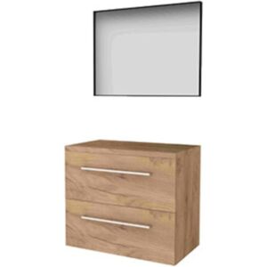 Basic Line Basic-Line Framed 46 Badkamermeubelset - 80 x 46 cm - Met Grepen - 2 Lades - Wastafelblad - Spiegel met Zwart Aluminium Frame - Whisky Oak Basic Line Basic-Line Framed 46 Badkamermeubelset - 80 x 46 cm - Met Grepen - 2 Lades - Wastafelblad - Spiegel met Zwart Aluminium Frame - Whisky Oak