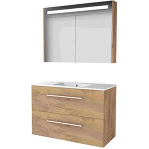 Basic Line Basic-Line Premium 46 Badkamermeubelset - 100 x 46 cm - Met Grepen - 2 Lades - Keramische Wastafel - 1 Kraangat - Spiegelkast met LED Verlichting - Whisky Oak Basic Line Basic-Line Premium 46 Badkamermeubelset - 100 x 46 cm - Met Grepen - 2 Lades - Keramische Wastafel - 1 Kraangat - Spiegelkast met LED Verlichting - Whisky Oak
