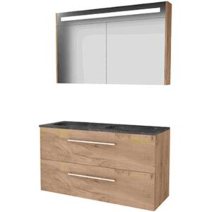 Basic Line Basic-Line Premium 46 Badkamermeubelset - 120 x 46 cm - Met Grepen - 2 Lades - Hardstenen Wastafel - Zonder Kraangat - Spiegelkast met LED Verlichting - Whisky Oak Basic Line Basic-Line Premium 46 Badkamermeubelset - 120 x 46 cm - Met Grepen - 2 Lades - Hardstenen Wastafel - Zonder Kraangat - Spiegelkast met LED Verlichting - Whisky Oak