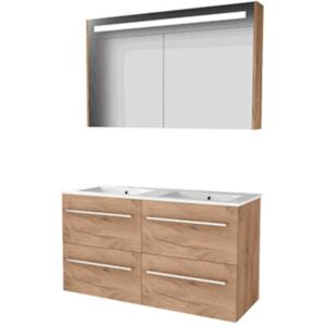 Basic Line Basic-Line Premium 46 Badkamermeubelset - 120 x 46 cm - Met Grepen - 4 Lades - Keramische Wastafel - 2 Kraangaten - Spiegelkast met LED Verlichting - Whisky Oak Basic Line Basic-Line Premium 46 Badkamermeubelset - 120 x 46 cm - Met Grepen - 4 Lades - Keramische Wastafel - 2 Kraangaten - Spiegelkast met LED Verlichting - Whisky Oak