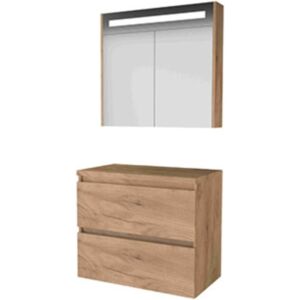 Basic Line Basic-Line Premium 46 Badkamermeubelset - 80 x 46 cm - Greeploos - 2 Lades - Wastafelblad - Spiegelkast met LED Verlichting - Whisky Oak Basic Line Basic-Line Premium 46 Badkamermeubelset - 80 x 46 cm - Greeploos - 2 Lades - Wastafelblad - Spiegelkast met LED Verlichting - Whisky Oak