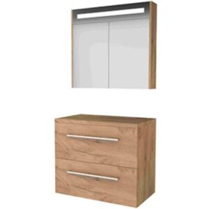 Basic Line Basic-Line Premium 46 Badkamermeubelset - 80 x 46 cm - Met Grepen - 2 Lades - Wastafelblad - Spiegelkast met LED Verlichting - Whisky Oak Basic Line Basic-Line Premium 46 Badkamermeubelset - 80 x 46 cm - Met Grepen - 2 Lades - Wastafelblad - Spiegelkast met LED Verlichting - Whisky Oak