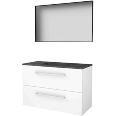 Basic Line Basic-Line Framed 46 Badkamermeubelset - 100 x 46 cm - Met Grepen - 2 Lades - Hardstenen Wastafel - 1 Kraangat - Spiegel met Zwart Aluminium Frame - Ice White Basic Line Basic-Line Framed 46 Badkamermeubelset - 100 x 46 cm - Met Grepen - 2 Lades - Hardstenen Wastafel - 1 Kraangat - Spiegel met Zwart Aluminium Frame - Ice White