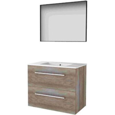 Basic Line Basic-Line Framed 46 Badkamermeubelset - 80 x 46 cm - Met Grepen - 2 Lades - Keramische Wastafel - 1 Kraangat - Spiegel met Zwart Aluminium Frame - Scotch Oak Basic Line Basic-Line Framed 46 Badkamermeubelset - 80 x 46 cm - Met Grepen - 2 Lades - Keramische Wastafel - 1 Kraangat - Spiegel met Zwart Aluminium Frame - Scotch Oak