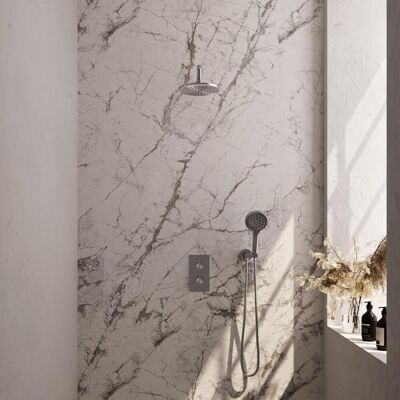 Brauer Brushed Carving Thermostatische Regendoucheset Inbouw - Hoofddouche 20 cm - Gebogen Wandarm - 3 Weg - Handdouche 3 Standen - Doucheslang - Wandaansluitbocht - Rvs Brauer Brushed Carving Thermostatische Regendoucheset Inbouw - Hoofddouche 20 cm - Gebogen Wandarm - 3 Weg - Handdouche 3 Standen - Doucheslang - Wandaansluitbocht - Rvs
