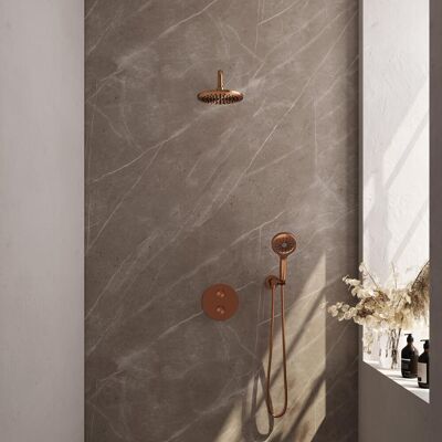 Brauer Copper Carving Thermostatische Regendoucheset Inbouw - Hoofddouche 20 cm - Gebogen Wandarm - 3 Weg - Handdouche Rond 3 Standen - Doucheslang - Wandaansluitbocht Brauer Copper Carving Thermostatische Regendoucheset Inbouw - Hoofddouche 20 cm - Gebogen Wandarm - 3 Weg - Handdouche Rond 3 Standen - Doucheslang - Wandaansluitbocht