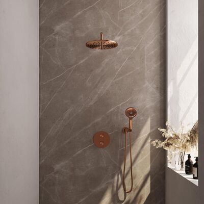 Brauer Copper Carving Thermostatische Regendoucheset Inbouw - Hoofddouche 30 cm - Gebogen Wandarm - 3 Weg - Handdouche Rond 3 Standen - Doucheslang - Wandaansluitbocht Brauer Copper Carving Thermostatische Regendoucheset Inbouw - Hoofddouche 30 cm - Gebogen Wandarm - 3 Weg - Handdouche Rond 3 Standen - Doucheslang - Wandaansluitbocht