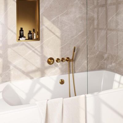 Brauer Gold Carving Thermostatische Inbouw Badkraan Badvulcombinatie - Staaf - Doucheslang - Wandaansluitbocht - Handdouche - Goud Geborsteld Pvd Brauer Gold Carving Thermostatische Inbouw Badkraan Badvulcombinatie - Staaf - Doucheslang - Wandaansluitbocht - Handdouche - Goud Geborsteld Pvd