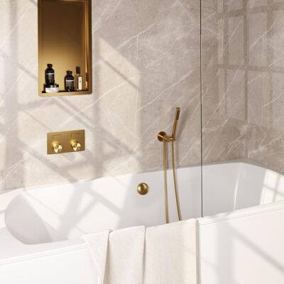 Brauer Gold Carving Thermostatische Inbouw Badkraan Drukknoppen - Badvulcombinatie - Staaf - Doucheslang - Wandaansluitbocht - Handdouche - Goud Geborsteld Pvd Brauer Gold Carving Thermostatische Inbouw Badkraan Drukknoppen - Badvulcombinatie - Staaf - Doucheslang - Wandaansluitbocht - Handdouche - Goud Geborsteld Pvd