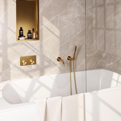 Brauer Gold Carving Thermostatische Inbouw Badkraan Drukknoppen - Uitloop - Staaf - Doucheslang - Wandaansluitbocht - Handdouche - Goud Geborsteld Pvd Brauer Gold Carving Thermostatische Inbouw Badkraan Drukknoppen - Uitloop - Staaf - Doucheslang - Wandaansluitbocht - Handdouche - Goud Geborsteld Pvd