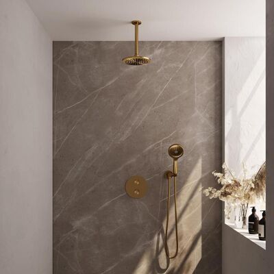 Brauer Gold Carving Thermostatische Regendoucheset Inbouw - Hoofddouche 20 cm - 3 Weg - Handdouche Rond 3 Standen - Doucheslang - Wandaansluitbocht - Geborsteld Goud Brauer Gold Carving Thermostatische Regendoucheset Inbouw - Hoofddouche 20 cm - 3 Weg - Handdouche Rond 3 Standen - Doucheslang - Wandaansluitbocht - Geborsteld Goud