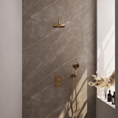 Brauer Gold Carving Thermostatische Regendoucheset Inbouw - Hoofddouche 20 cm - Gebogen Wandarm - 3 Weg - Handdouche 3 Standen - Doucheslang - Wandaansluitbocht - Geborsteld Goud Brauer Gold Carving Thermostatische Regendoucheset Inbouw - Hoofddouche 20 cm - Gebogen Wandarm - 3 Weg - Handdouche 3 Standen - Doucheslang - Wandaansluitbocht - Geborsteld Goud