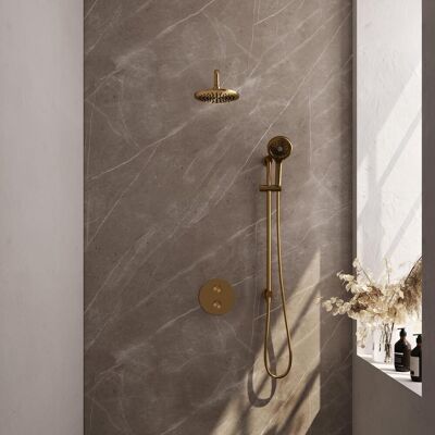 Brauer Gold Carving Thermostatische Regendoucheset Inbouw - Hoofddouche 20 cm - Gebogen Wandarm - 3 Weg - Handdouche Rond 3 Standen - Doucheslang - Geintegreerde Glijstang - Geborsteld Goud Brauer Gold Carving Thermostatische Regendoucheset Inbouw - Hoofddouche 20 cm - Gebogen Wandarm - 3 Weg - Handdouche Rond 3 Standen - Doucheslang - Geintegreerde Glijstang - Geborsteld Goud