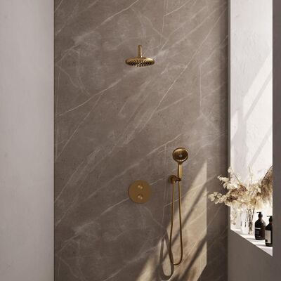 Brauer Gold Carving Thermostatische Regendoucheset Inbouw - Hoofddouche 20 cm - Gebogen Wandarm - 3 Weg - Handdouche Rond 3 Standen - Doucheslang - Wandaansluitbocht - Geborsteld Goud Brauer Gold Carving Thermostatische Regendoucheset Inbouw - Hoofddouche 20 cm - Gebogen Wandarm - 3 Weg - Handdouche Rond 3 Standen - Doucheslang - Wandaansluitbocht - Geborsteld Goud