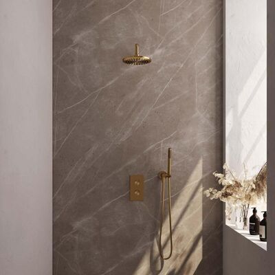 Brauer Gold Carving Thermostatische Regendoucheset Inbouw - Hoofddouche 20 cm - Gebogen Wandarm - 3 Weg - Handdouche Staaf - Doucheslang - Wandaansluitbocht - Geborsteld Goud Brauer Gold Carving Thermostatische Regendoucheset Inbouw - Hoofddouche 20 cm - Gebogen Wandarm - 3 Weg - Handdouche Staaf - Doucheslang - Wandaansluitbocht - Geborsteld Goud