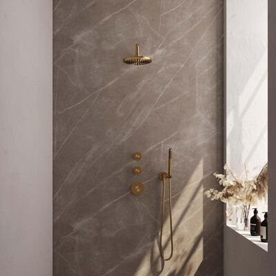 Brauer Gold Carving Thermostatische Regendoucheset Inbouw - Hoofddouche 20 cm - Gebogen Wandarm - Handdouche Staaf - Doucheslang - Wandaansluitbocht - Geborsteld Goud Brauer Gold Carving Thermostatische Regendoucheset Inbouw - Hoofddouche 20 cm - Gebogen Wandarm - Handdouche Staaf - Doucheslang - Wandaansluitbocht - Geborsteld Goud