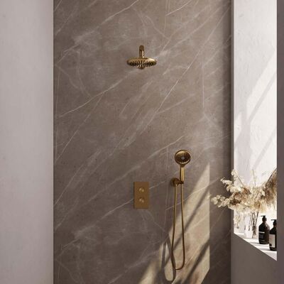 Brauer Gold Carving Thermostatische Regendoucheset Inbouw - Hoofddouche 20 cm - Rechte Wandarm - 3 Weg - Handdouche 3 Standen - Doucheslang - Wandaansluitbocht - Geborsteld Goud Brauer Gold Carving Thermostatische Regendoucheset Inbouw - Hoofddouche 20 cm - Rechte Wandarm - 3 Weg - Handdouche 3 Standen - Doucheslang - Wandaansluitbocht - Geborsteld Goud