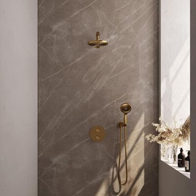 Brauer Gold Carving Thermostatische Regendoucheset Inbouw - Hoofddouche 20 cm - Rechte Wandarm - 3 Weg - Handdouche Rond 3 Standen - Doucheslang - Wandaansluitbocht - Geborsteld Goud Brauer Gold Carving Thermostatische Regendoucheset Inbouw - Hoofddouche 20 cm - Rechte Wandarm - 3 Weg - Handdouche Rond 3 Standen - Doucheslang - Wandaansluitbocht - Geborsteld Goud