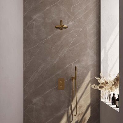Brauer Gold Carving Thermostatische Regendoucheset Inbouw - Hoofddouche 20 cm - Rechte Wandarm - 3 Weg - Handdouche Staaf - Doucheslang - Wandaansluitbocht - Geborsteld Goud Brauer Gold Carving Thermostatische Regendoucheset Inbouw - Hoofddouche 20 cm - Rechte Wandarm - 3 Weg - Handdouche Staaf - Doucheslang - Wandaansluitbocht - Geborsteld Goud