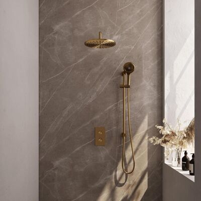 Brauer Gold Carving Thermostatische Regendoucheset Inbouw - Hoofddouche 30 cm - Gebogen Wandarm - 3 Weg - Handdouche 3 Standen - Doucheslang - Geintegreerde Glijstang - Geborsteld Goud Brauer Gold Carving Thermostatische Regendoucheset Inbouw - Hoofddouche 30 cm - Gebogen Wandarm - 3 Weg - Handdouche 3 Standen - Doucheslang - Geintegreerde Glijstang - Geborsteld Goud