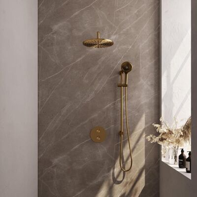 Brauer Gold Carving Thermostatische Regendoucheset Inbouw - Hoofddouche 30 cm - Gebogen Wandarm - 3 Weg - Handdouche Rond 3 Standen - Doucheslang - Geintegreerde Glijstang - Geborsteld Goud Brauer Gold Carving Thermostatische Regendoucheset Inbouw - Hoofddouche 30 cm - Gebogen Wandarm - 3 Weg - Handdouche Rond 3 Standen - Doucheslang - Geintegreerde Glijstang - Geborsteld Goud