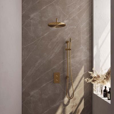 Brauer Gold Carving Thermostatische Regendoucheset Inbouw - Hoofddouche 30 cm - Gebogen Wandarm - 3 Weg - Handdouche Staaf - Doucheslang - Geintegreerde Glijstang - Geborsteld Goud Brauer Gold Carving Thermostatische Regendoucheset Inbouw - Hoofddouche 30 cm - Gebogen Wandarm - 3 Weg - Handdouche Staaf - Doucheslang - Geintegreerde Glijstang - Geborsteld Goud