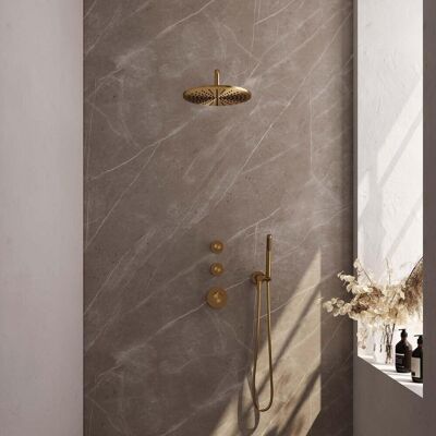 Brauer Gold Carving Thermostatische Regendoucheset Inbouw - Hoofddouche 30 cm - Gebogen Wandarm - Handdouche Staaf - Doucheslang - Wandaansluitbocht - Geborsteld Goud Brauer Gold Carving Thermostatische Regendoucheset Inbouw - Hoofddouche 30 cm - Gebogen Wandarm - Handdouche Staaf - Doucheslang - Wandaansluitbocht - Geborsteld Goud