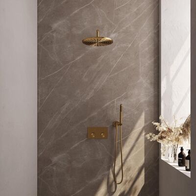 Brauer Gold Carving Thermostatische Regendoucheset Inbouw - Hoofddouche 30 cm - Gebogen Wandarm - Met Drukknoppen - Handdouche Staaf - Doucheslang - Wandaansluitbocht - Geborsteld Goud Brauer Gold Carving Thermostatische Regendoucheset Inbouw - Hoofddouche 30 cm - Gebogen Wandarm - Met Drukknoppen - Handdouche Staaf - Doucheslang - Wandaansluitbocht - Geborsteld Goud