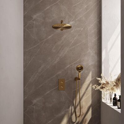 Brauer Gold Carving Thermostatische Regendoucheset Inbouw - Hoofddouche 30 cm - Rechte Wandarm - 3 Weg - Handdouche 3 Standen - Doucheslang - Wandaansluitbocht - Geborsteld Goud Brauer Gold Carving Thermostatische Regendoucheset Inbouw - Hoofddouche 30 cm - Rechte Wandarm - 3 Weg - Handdouche 3 Standen - Doucheslang - Wandaansluitbocht - Geborsteld Goud