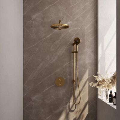 Brauer Gold Carving Thermostatische Regendoucheset Inbouw - Hoofddouche 30 cm - Rechte Wandarm - 3 Weg - Handdouche Rond 3 Standen - Doucheslang - Geintegreerde Glijstang - Geborsteld Goud Brauer Gold Carving Thermostatische Regendoucheset Inbouw - Hoofddouche 30 cm - Rechte Wandarm - 3 Weg - Handdouche Rond 3 Standen - Doucheslang - Geintegreerde Glijstang - Geborsteld Goud