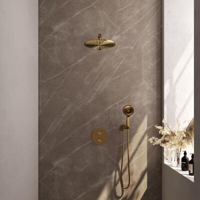 Brauer Gold Carving Thermostatische Regendoucheset Inbouw - Hoofddouche 30 cm - Rechte Wandarm - 3 Weg - Handdouche Rond 3 Standen - Doucheslang - Wandaansluitbocht - Geborsteld Goud Brauer Gold Carving Thermostatische Regendoucheset Inbouw - Hoofddouche 30 cm - Rechte Wandarm - 3 Weg - Handdouche Rond 3 Standen - Doucheslang - Wandaansluitbocht - Geborsteld Goud