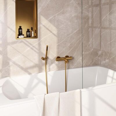 Brauer Gold Edition Opbouw Baddouche Thermostaatkraan - Wandhouder - Staaf - Doucheslang - Handdouche - Goud Geborsteld Pvd Brauer Gold Edition Opbouw Baddouche Thermostaatkraan - Wandhouder - Staaf - Doucheslang - Handdouche - Goud Geborsteld Pvd