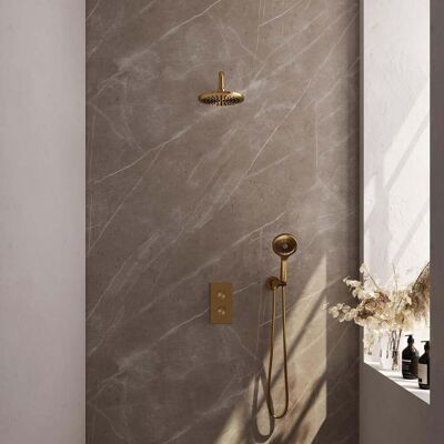 Brauer Gold Edition Thermostatische Regendoucheset Inbouw - Hoofddouche 20 cm - Gebogen Wandarm - 3 Weg - Handdouche 3 Standen - Doucheslang - Wandaansluitbocht - Geborsteld Goud Brauer Gold Edition Thermostatische Regendoucheset Inbouw - Hoofddouche 20 cm - Gebogen Wandarm - 3 Weg - Handdouche 3 Standen - Doucheslang - Wandaansluitbocht - Geborsteld Goud